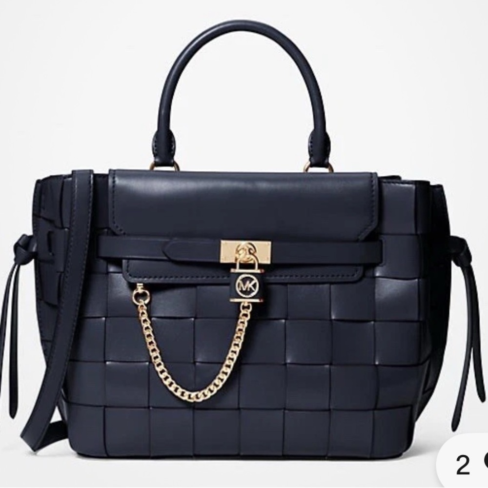 Michael Kors*HAMILTON LEGACY* LEATHER & SUEDE-WOVEN-NAVY-BLU-GOLD LOCK & CHAIN
